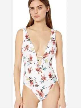 Lucky Brand White Floral One-Piece Swimsuit with Pink Red Flowers